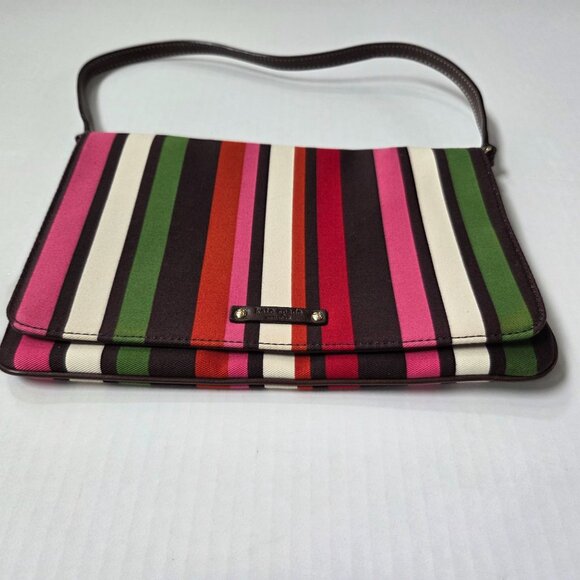 Kate Spade Rainbow Stripe Canvas Flap & Brown Leather Shoulder Bag Preppy Y2K - Picture 3 of 12